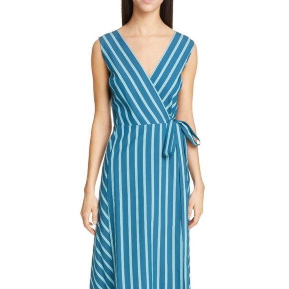 ❎SOLD Lafayette 148 Siri Wrap Dress Striped Blue Pacific Sleeveless Long Dress 2 - Picture 3 of 14